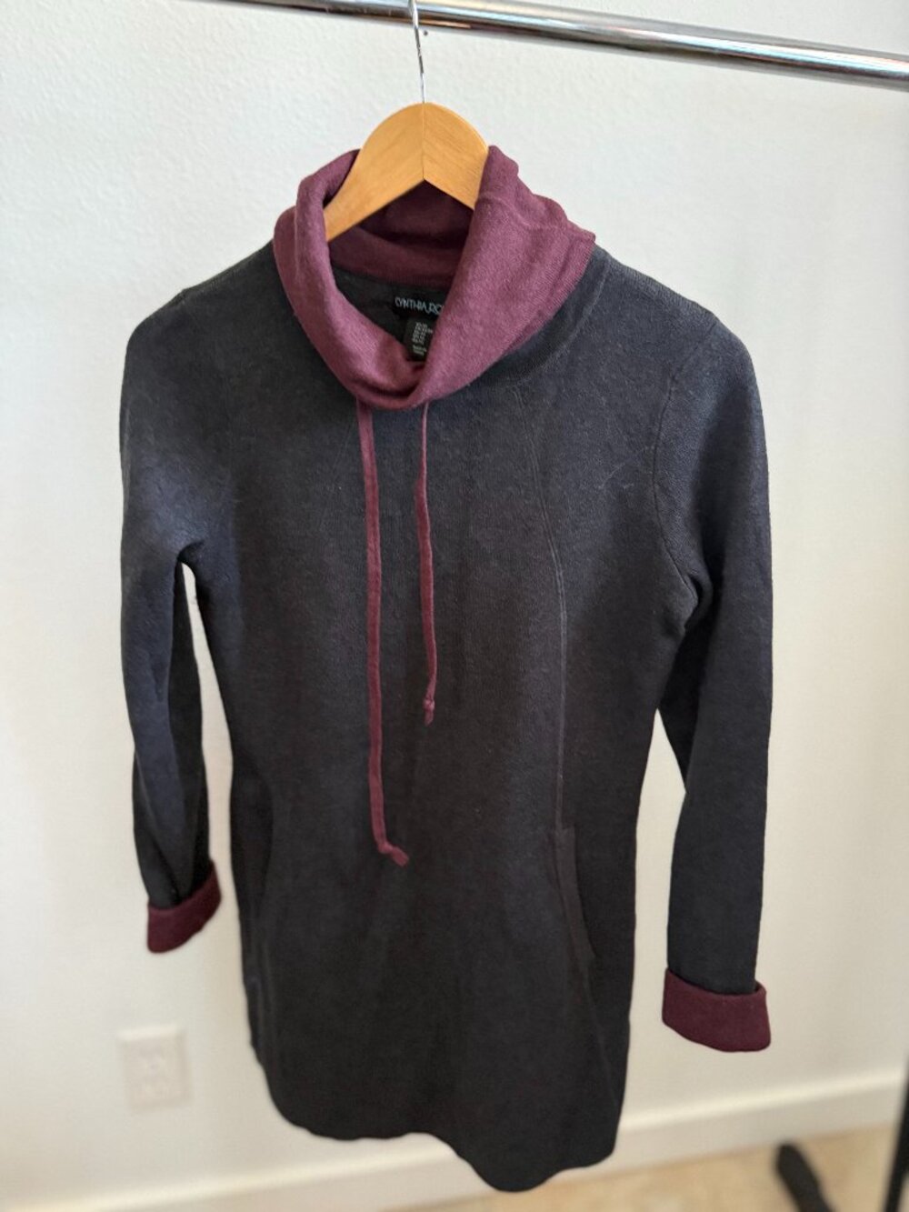 Cynthia Rowley Charcoal Gray Plum Cowl Neck Sweater Dress Tunic Size XS